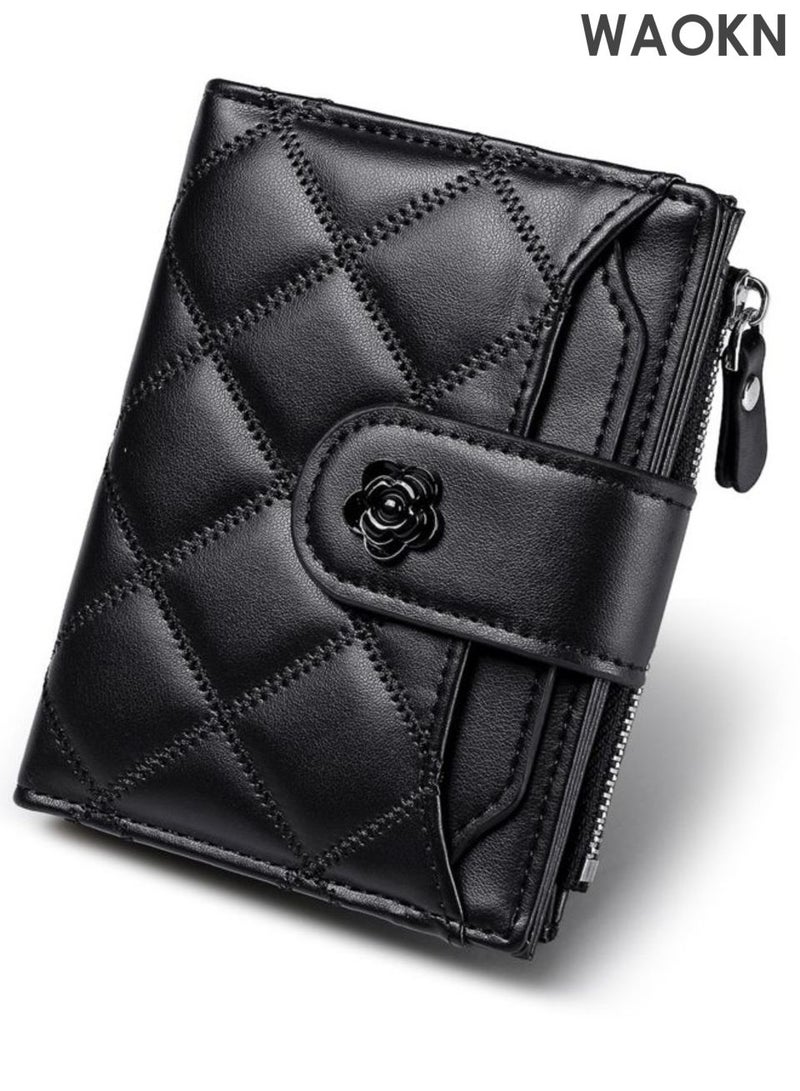 WAOKN Small Wallets for Women and men , Leather Bifold Wallet , suitable for Women and men , Blocking Purse Credit Card Holder, Multi slot wallet , wallet with 12 Card Slots and ID Window Coin Pocket , black . - Image 1